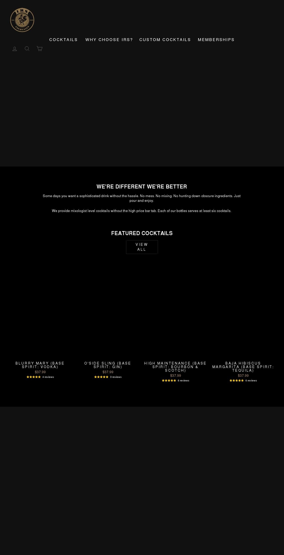 irscocktails.com shopify website screenshot