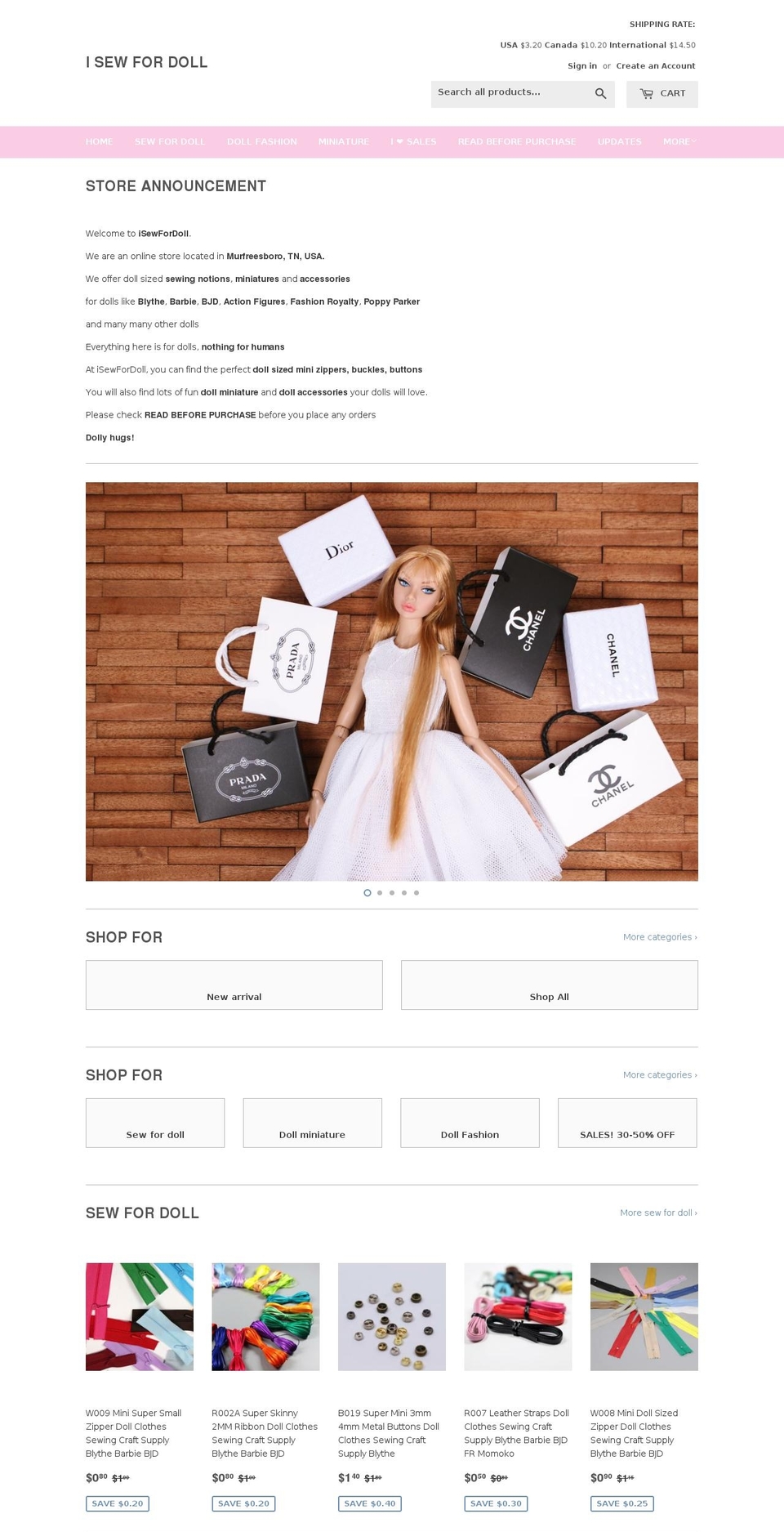 isewfordoll.com shopify website screenshot