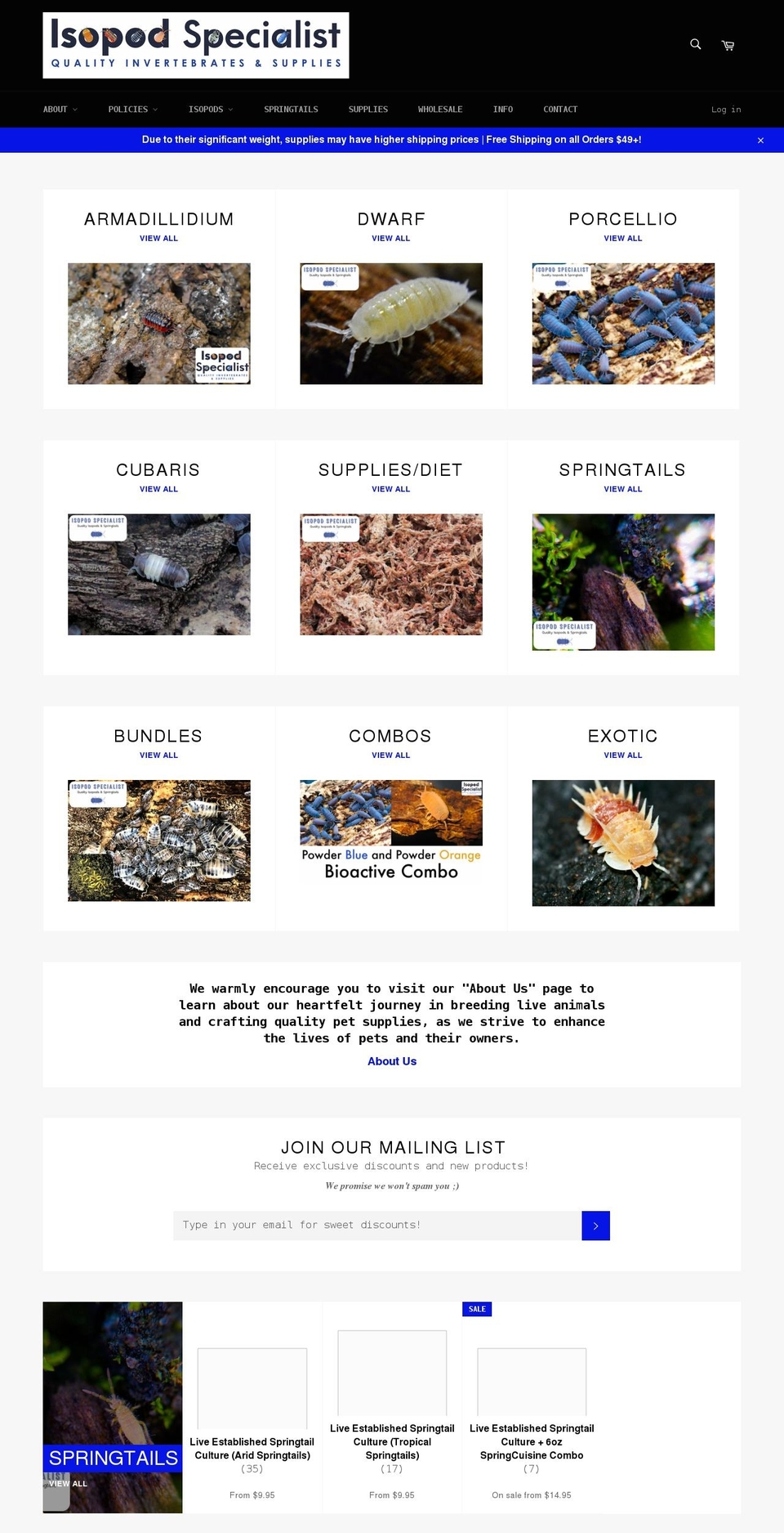 isopodspecialist.com shopify website screenshot