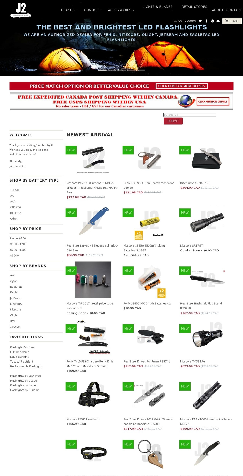 j2ledflashlight.com shopify website screenshot