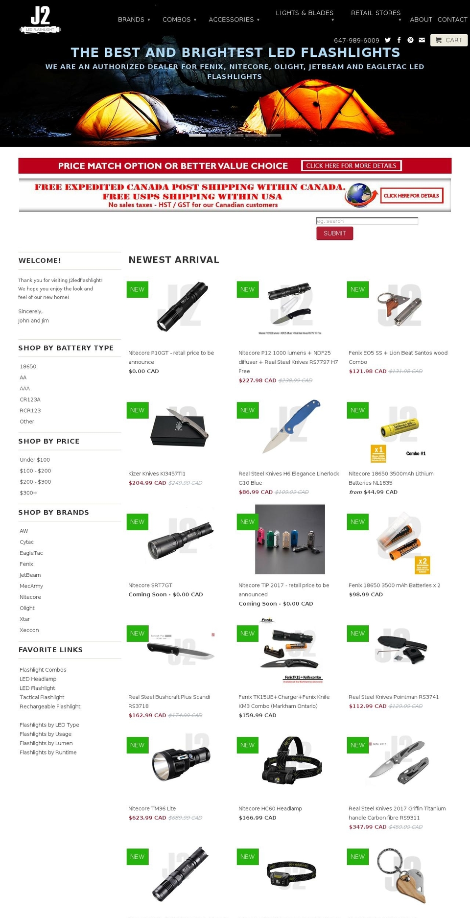 j2ledflashlights.com shopify website screenshot