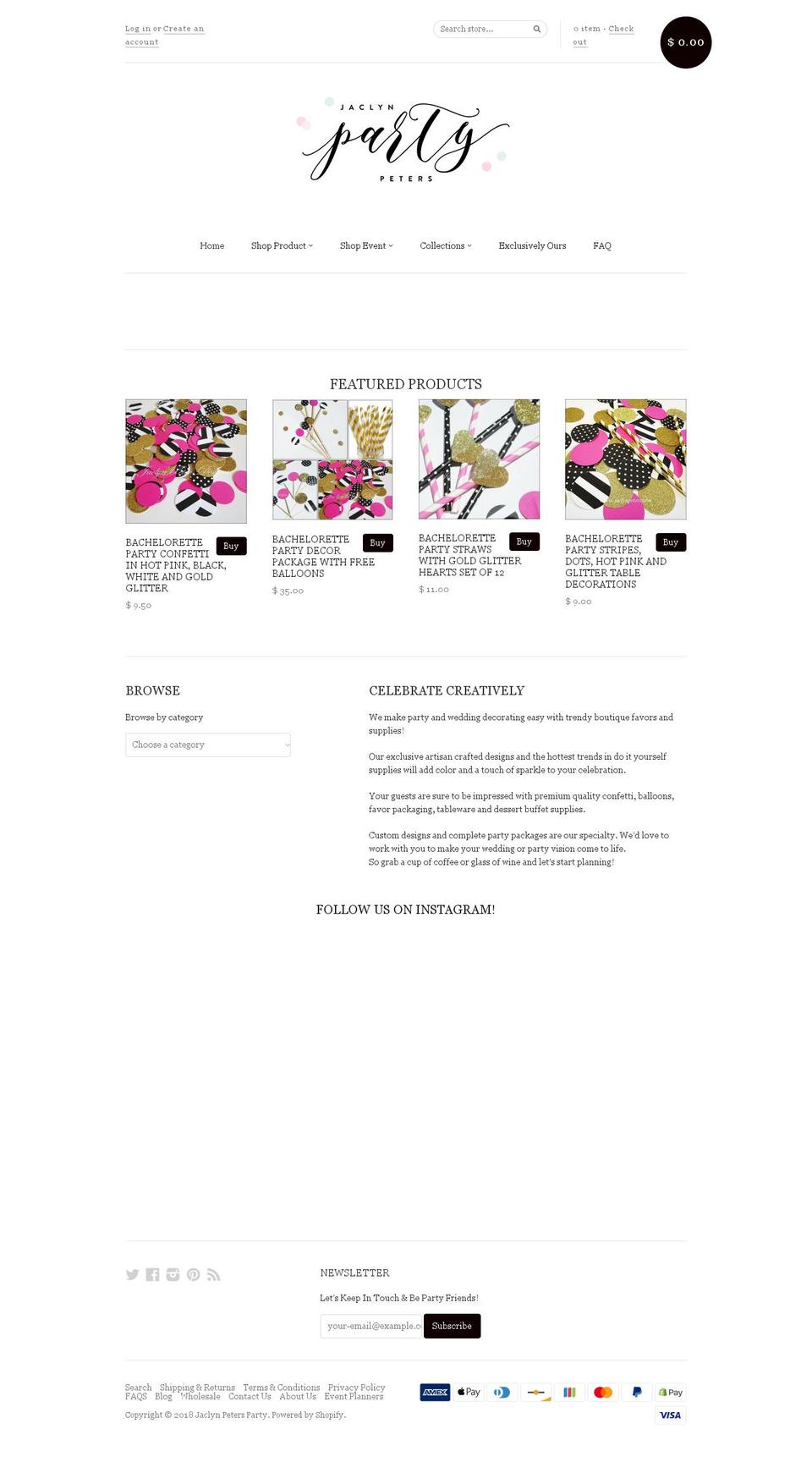 jaclynpetersparty.com — Shopify storefront screenshot