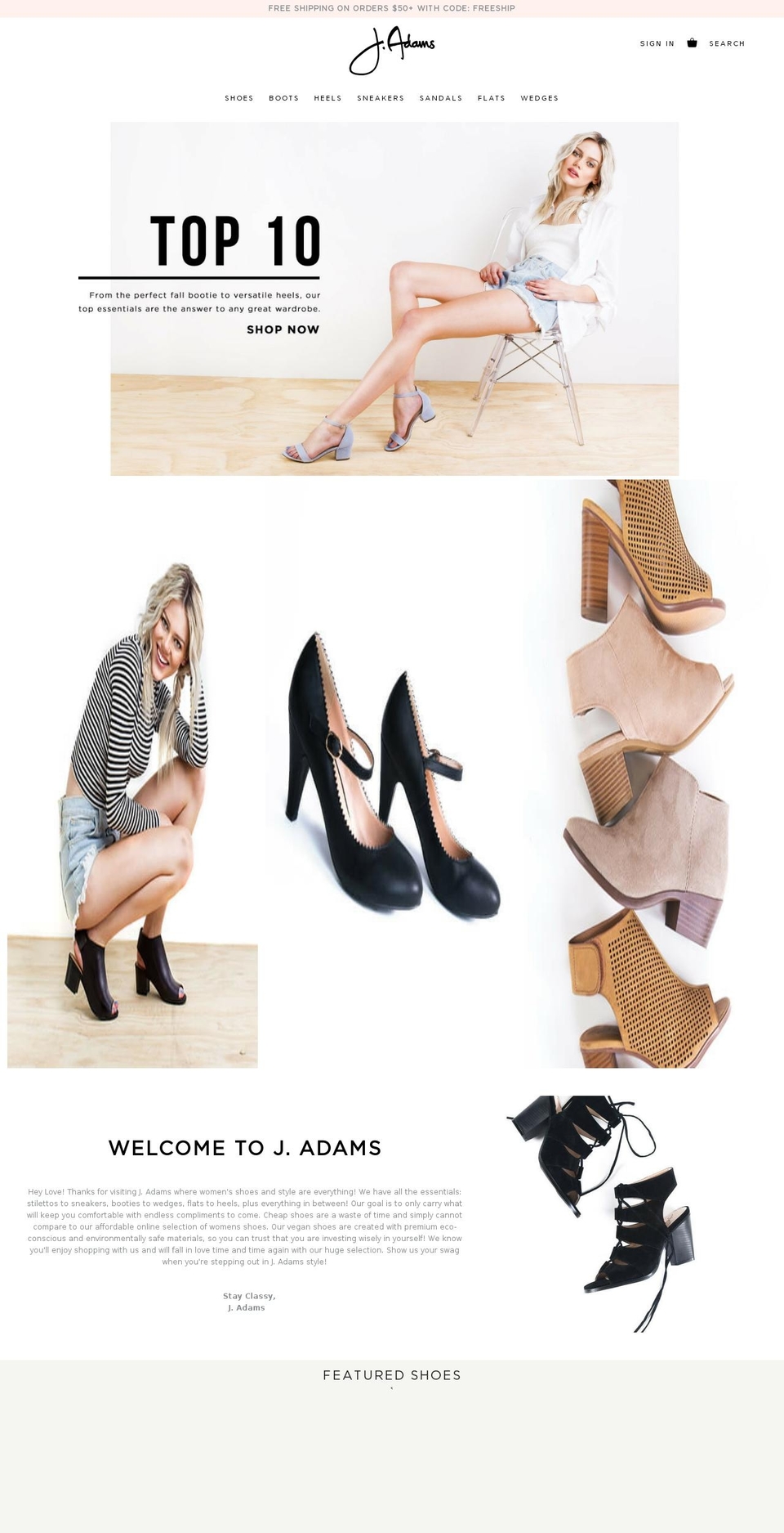 jadamsshoes.com shopify website screenshot