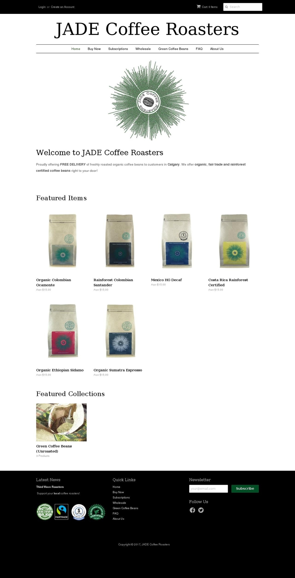 jadecoffeeroasters.com shopify website screenshot