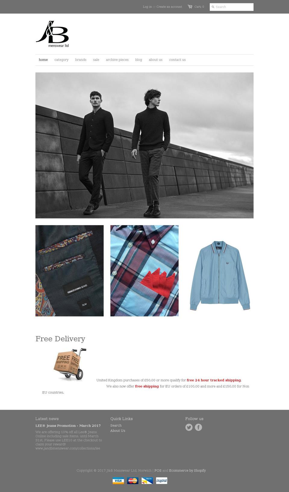 jandbmenswear.com shopify website screenshot