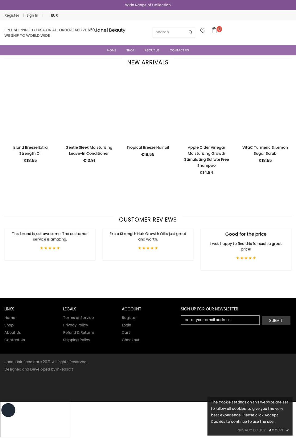 janelhairnfacecare.com shopify website screenshot