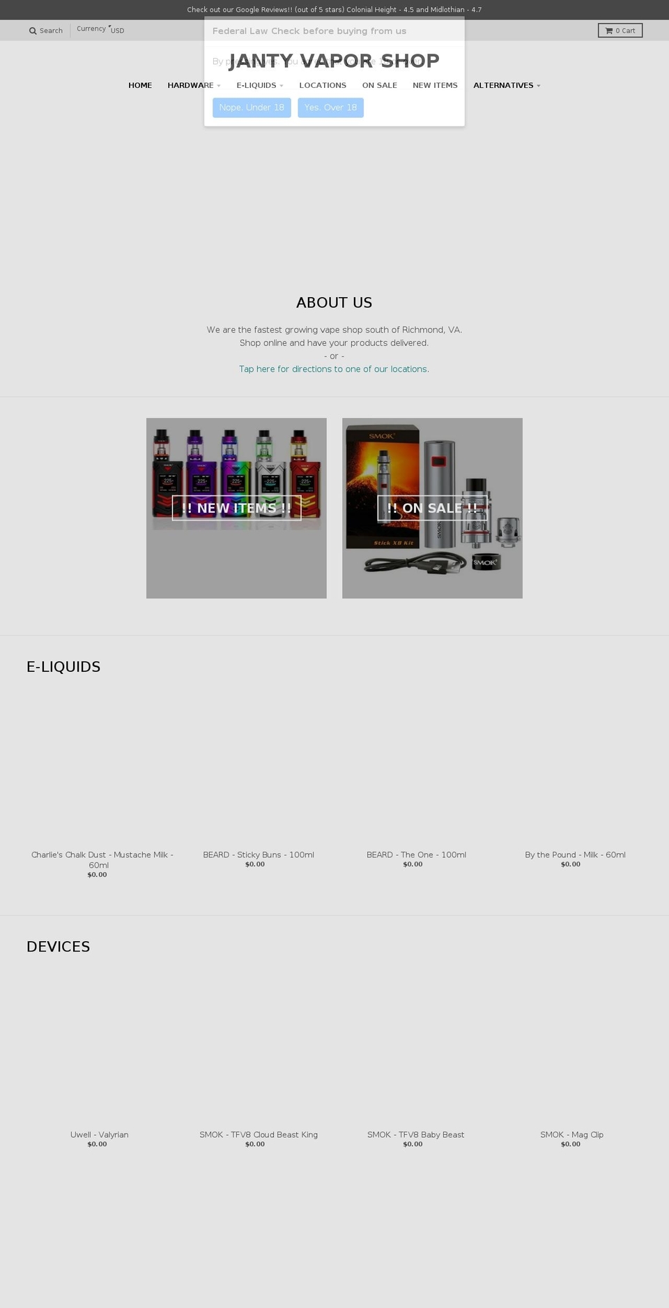 janty-vapors.com shopify website screenshot