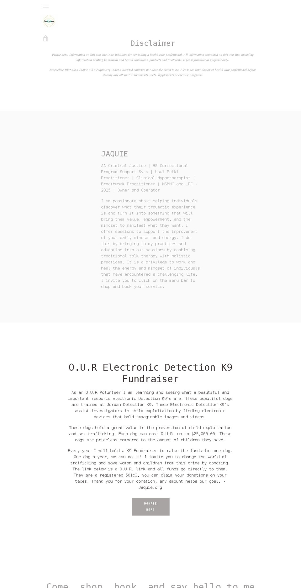 jaquie.org shopify website screenshot