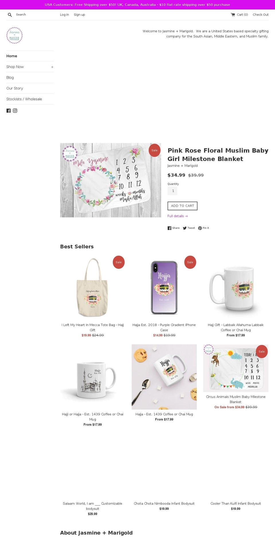 jasmineandmarigold.com shopify website screenshot