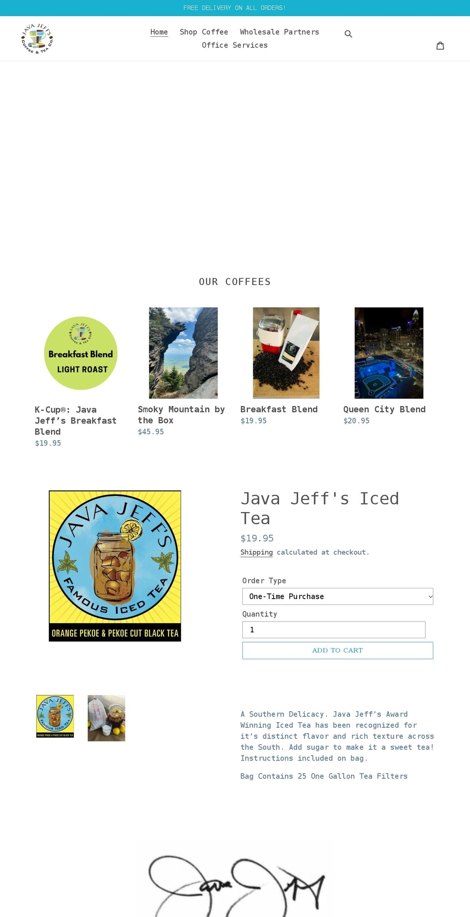 javajeffscoffee.com shopify website screenshot