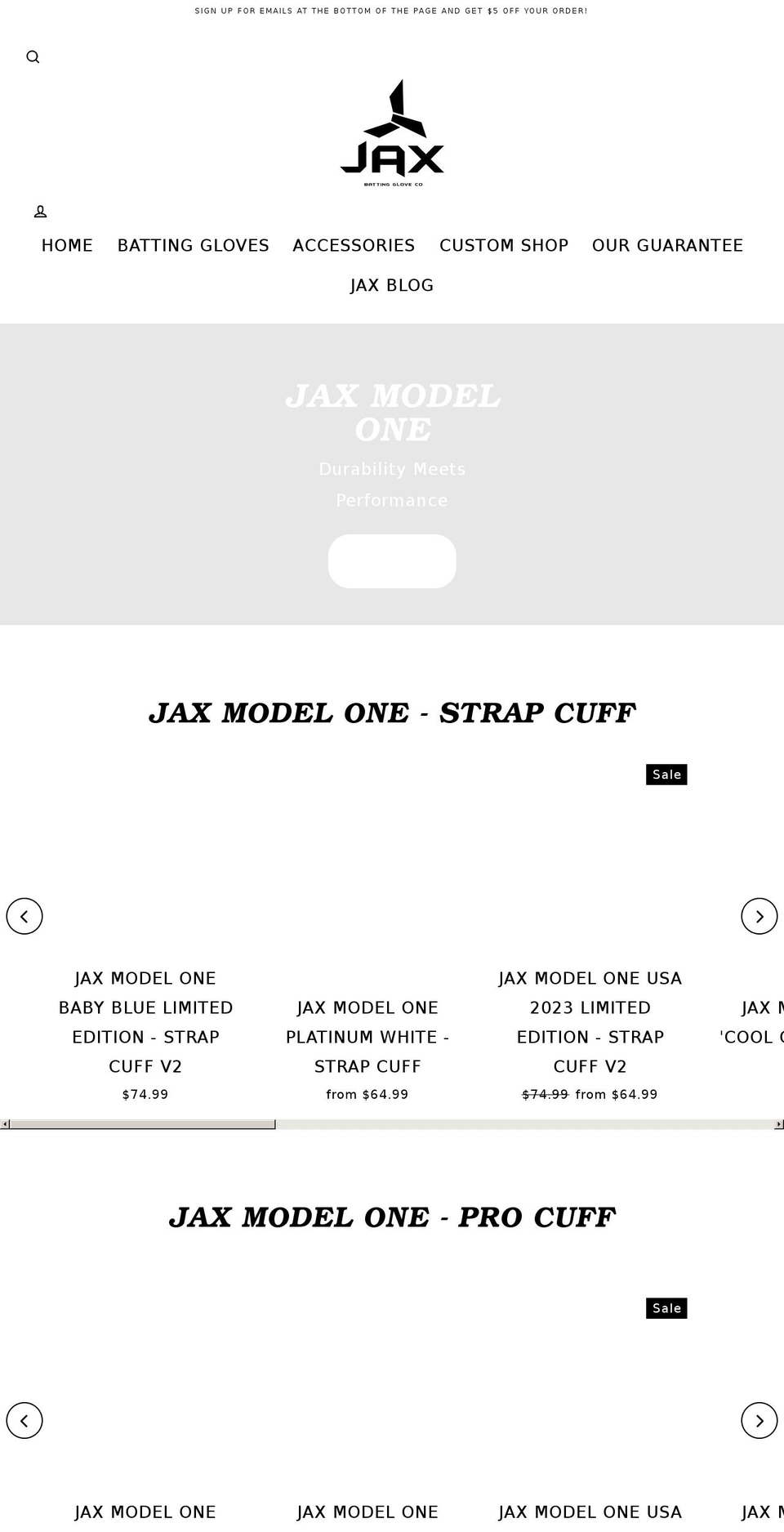 jaxbattinggloves.com shopify website screenshot