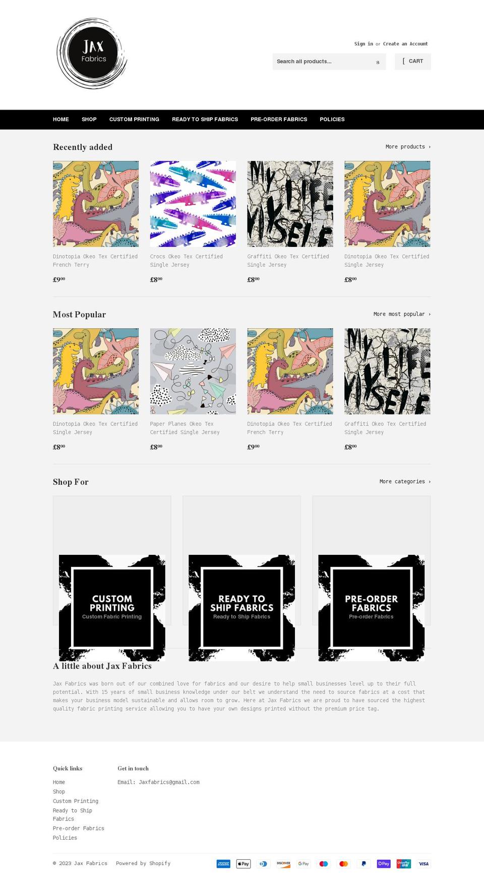 jaxfabrics.co.uk shopify website screenshot