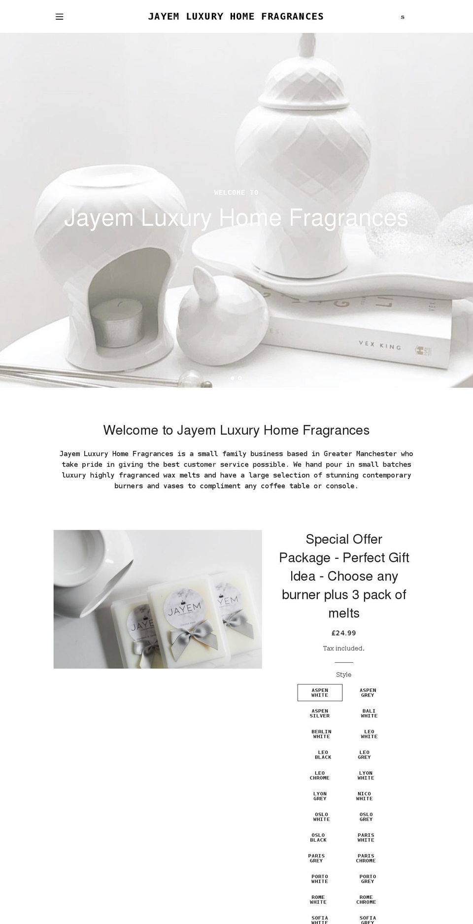 jayemluxuryhomefragrances.com shopify website screenshot