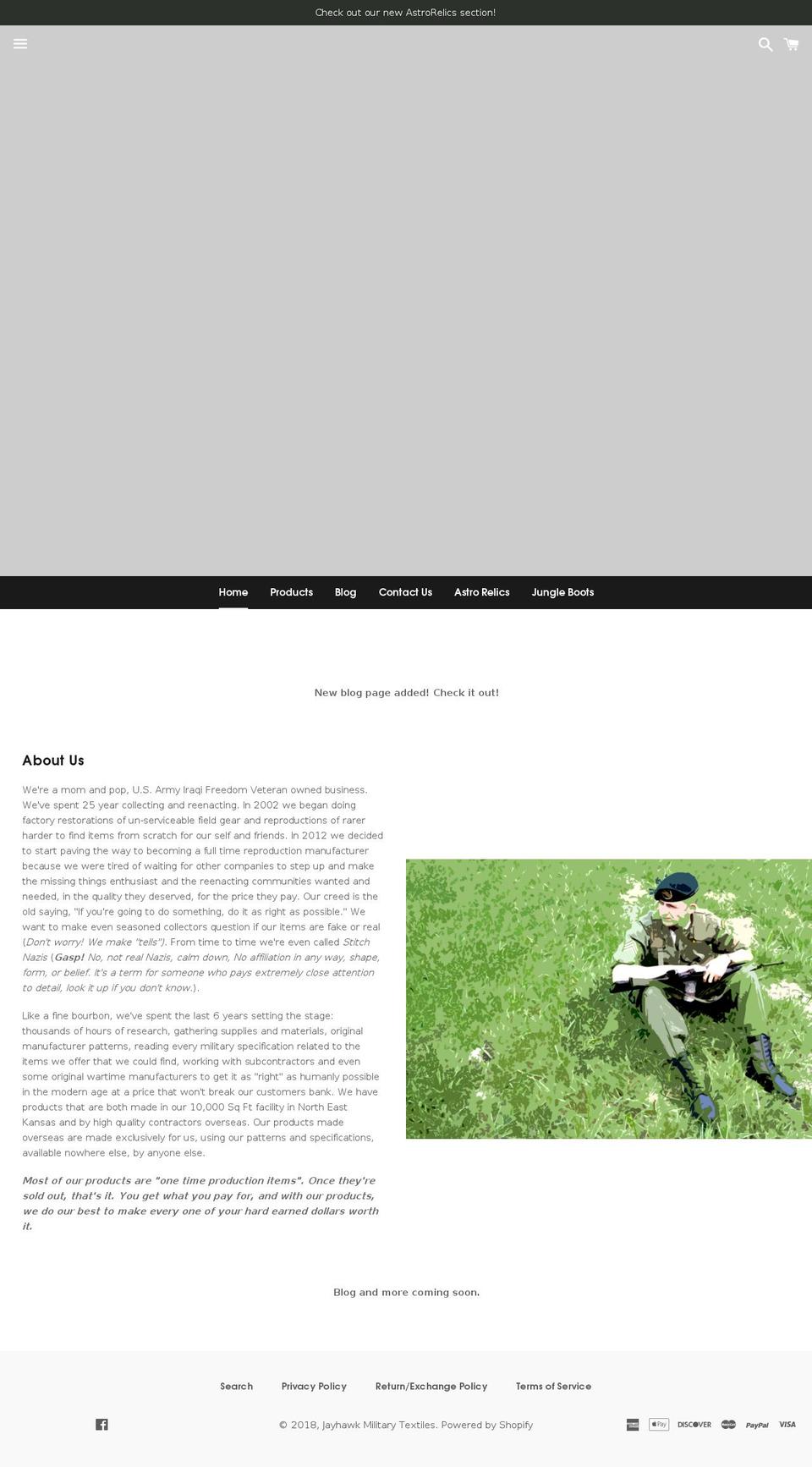 jayhawkmilitarytextiles.com — Shopify storefront screenshot