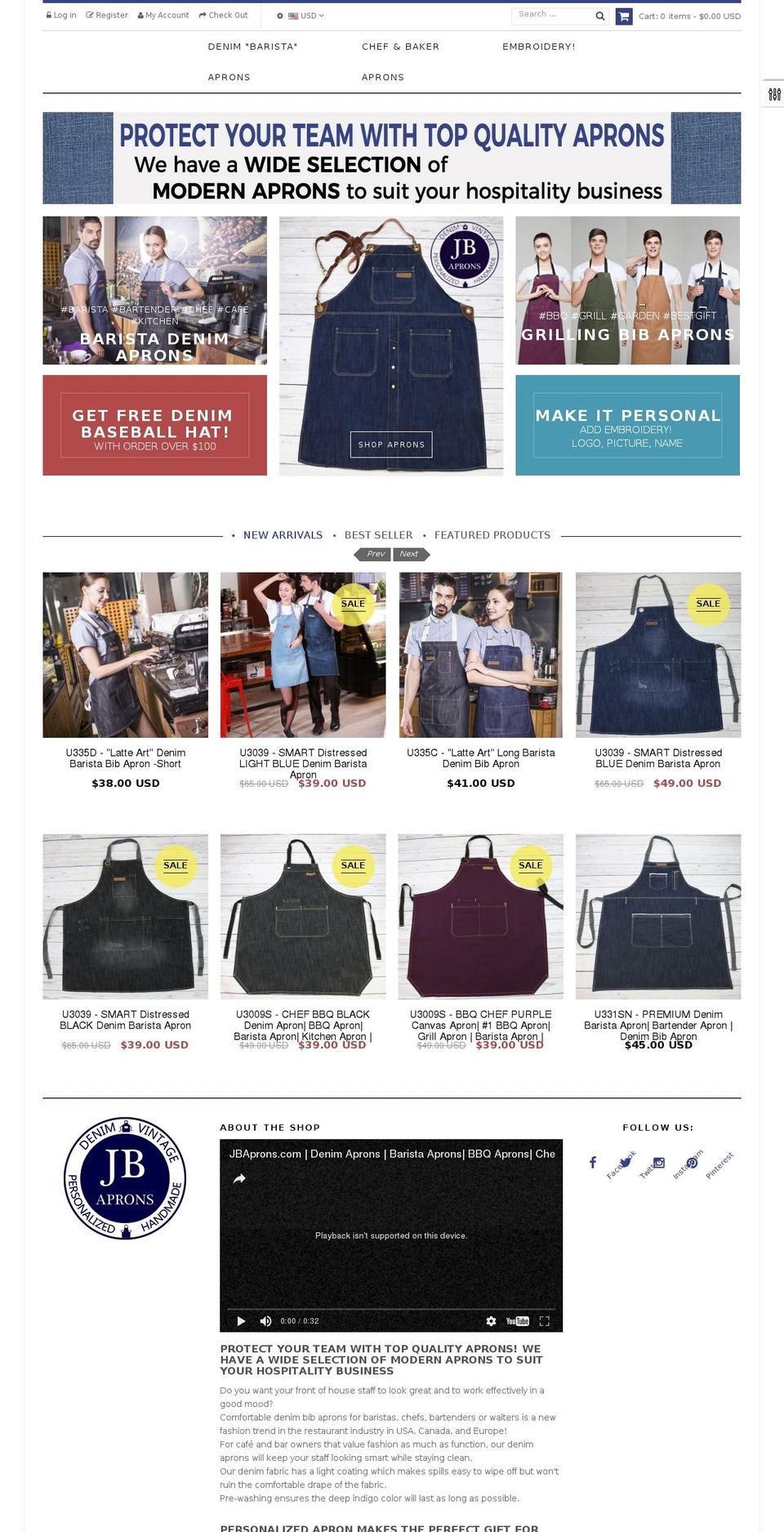 jbaprons.com shopify website screenshot