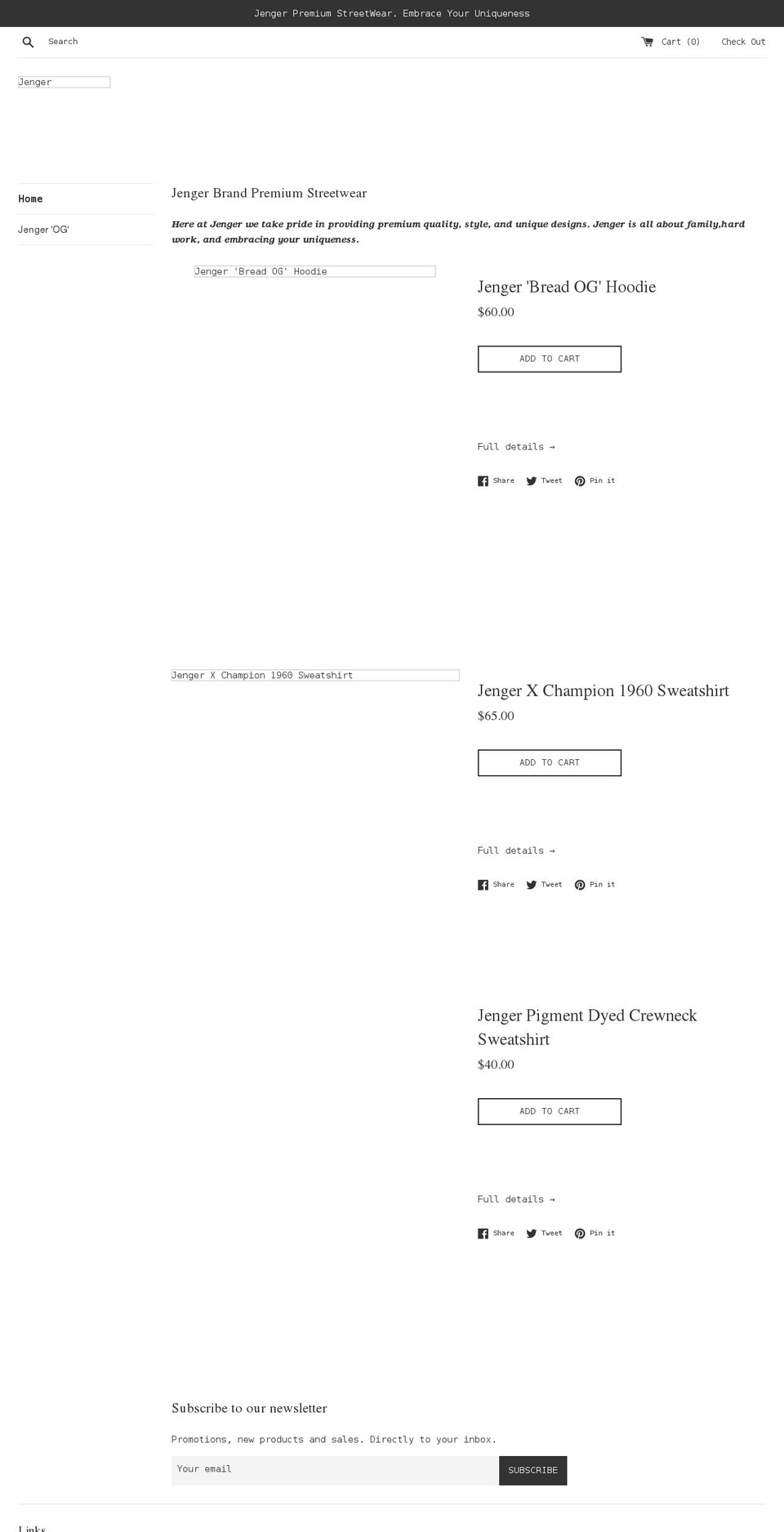 jengerbrand.com shopify website screenshot