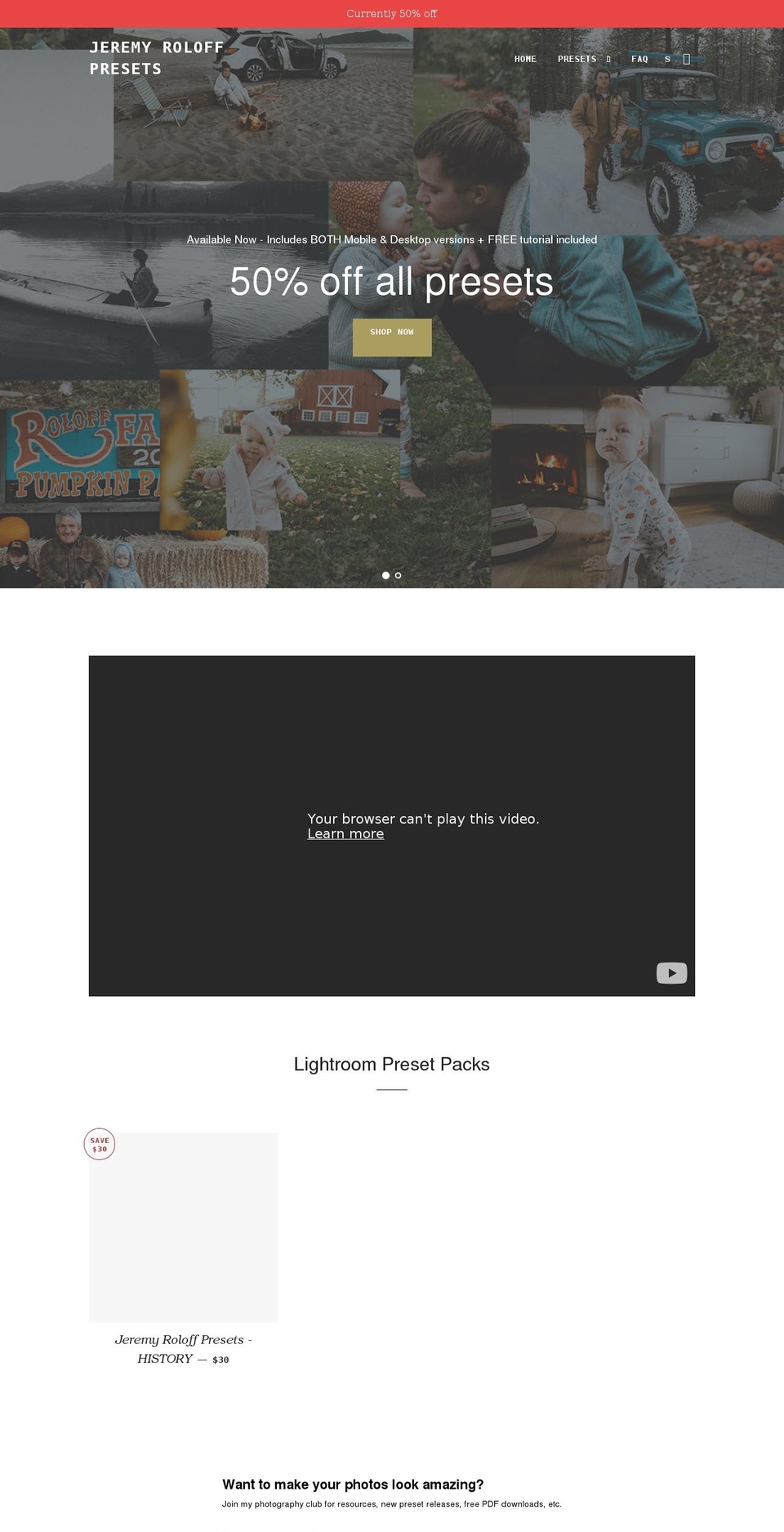 jeremyroloffpresets.com shopify website screenshot