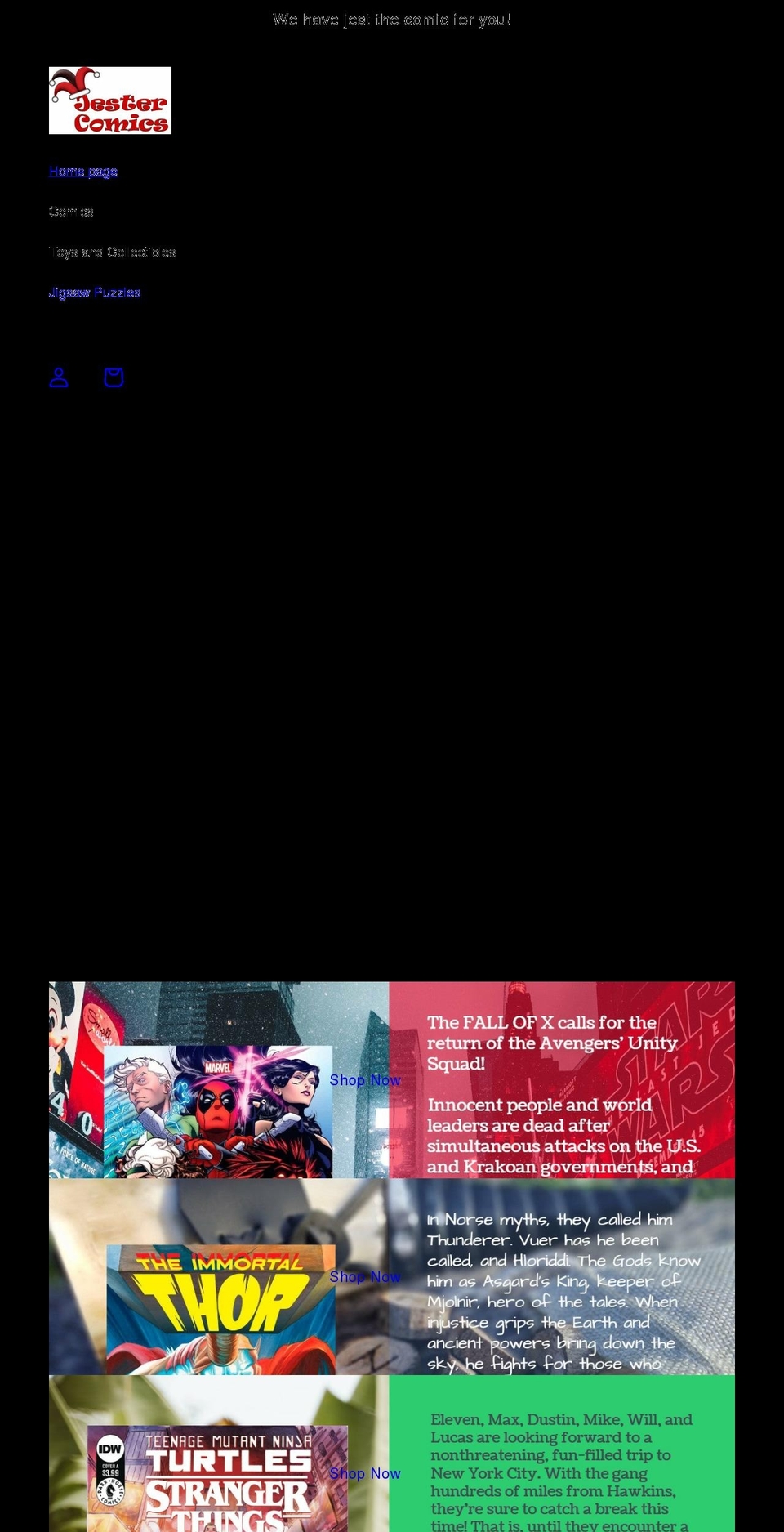 jestercomics.com shopify website screenshot