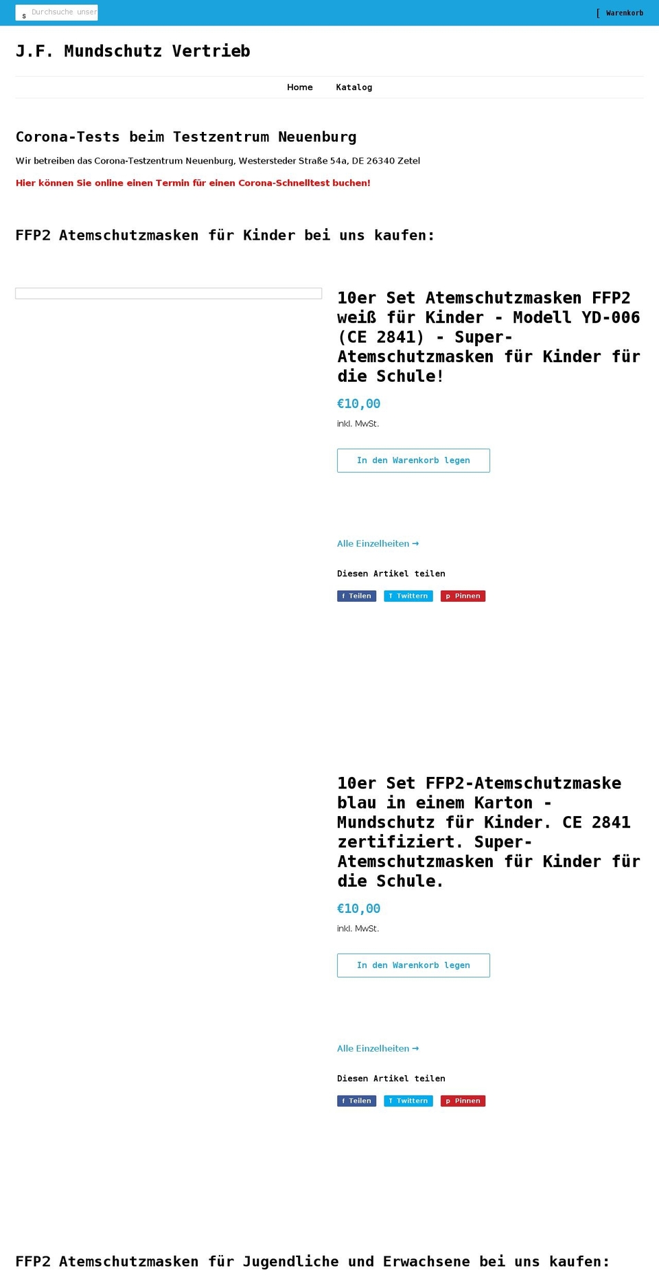 jf-mundschutzvertrieb.de shopify website screenshot