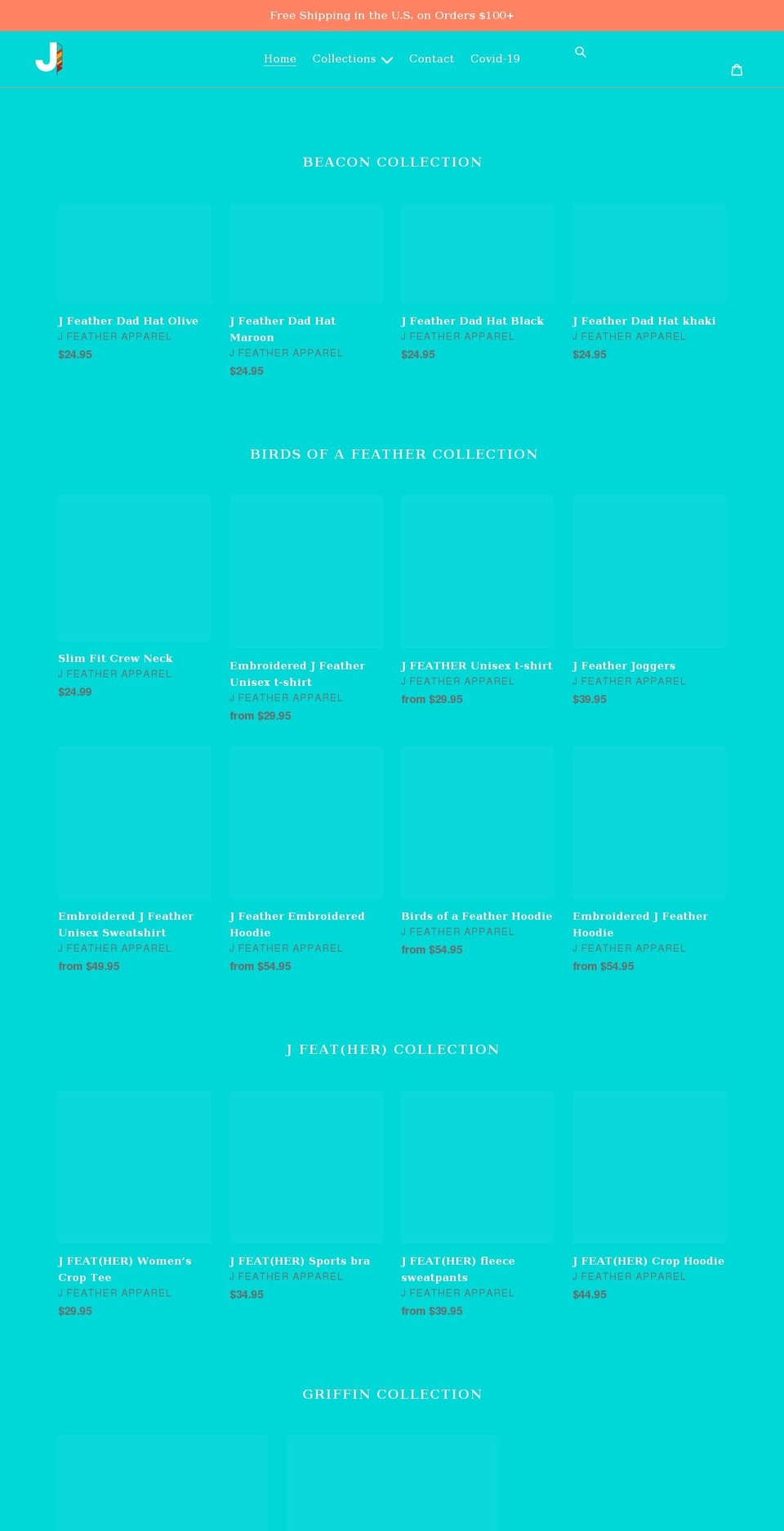 jfeatherapparel.com shopify website screenshot