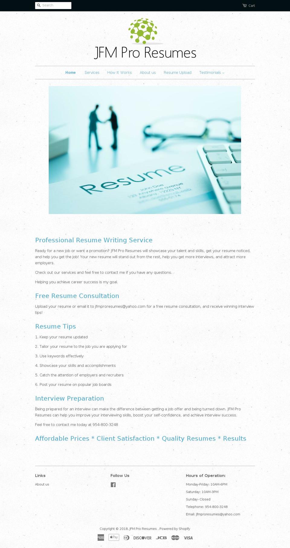 jfmproresumes.com — Shopify storefront screenshot