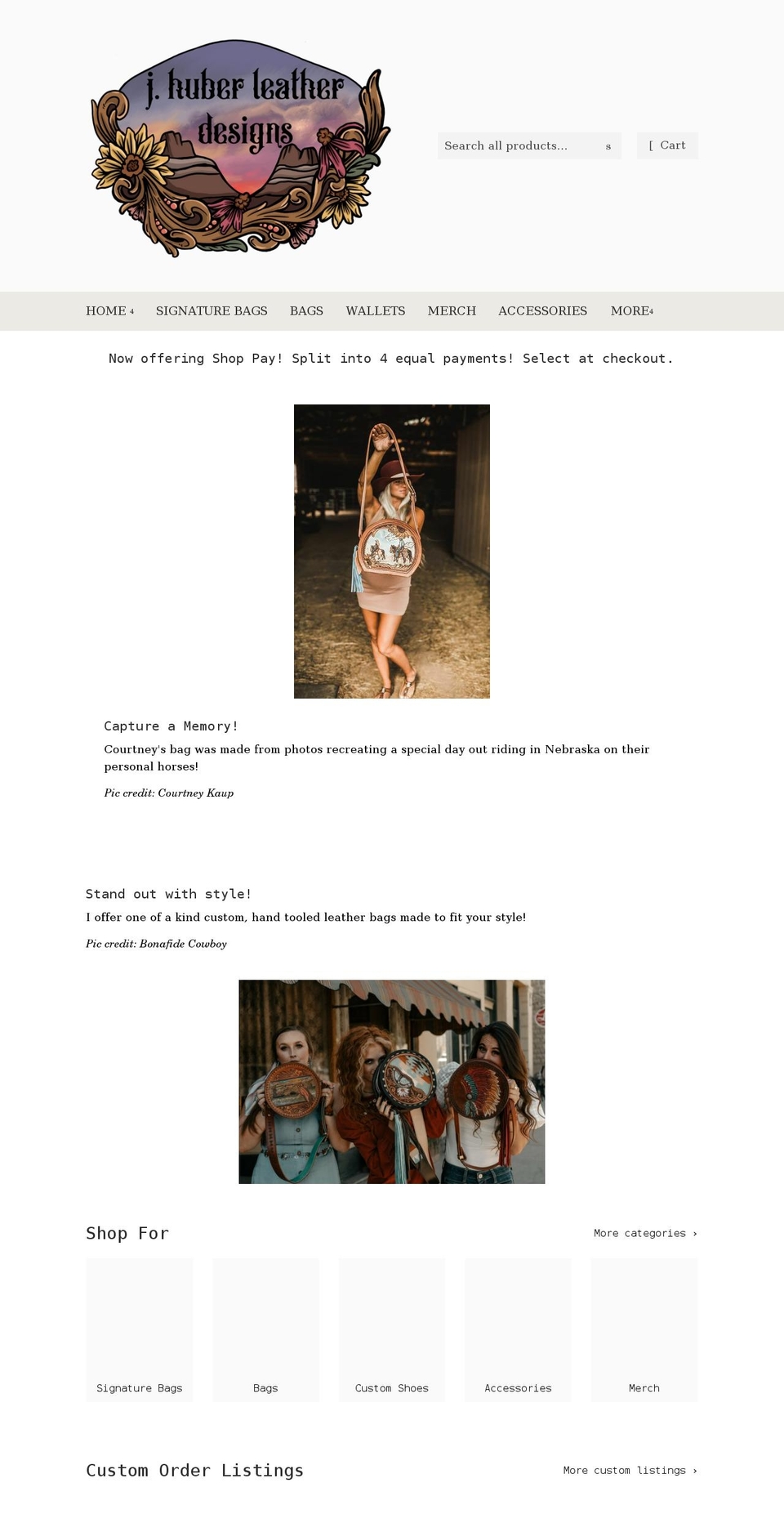 jhuberleatherdesigns.com shopify website screenshot