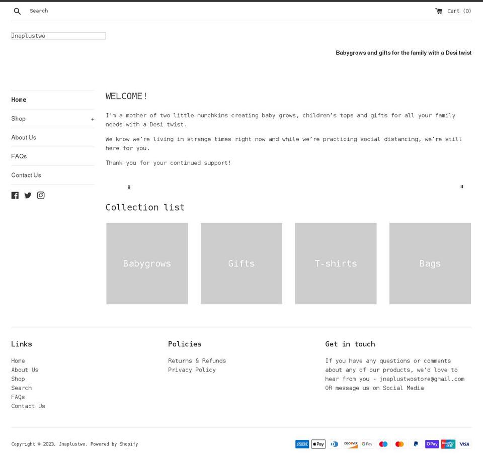 jnaplustwo.com shopify website screenshot