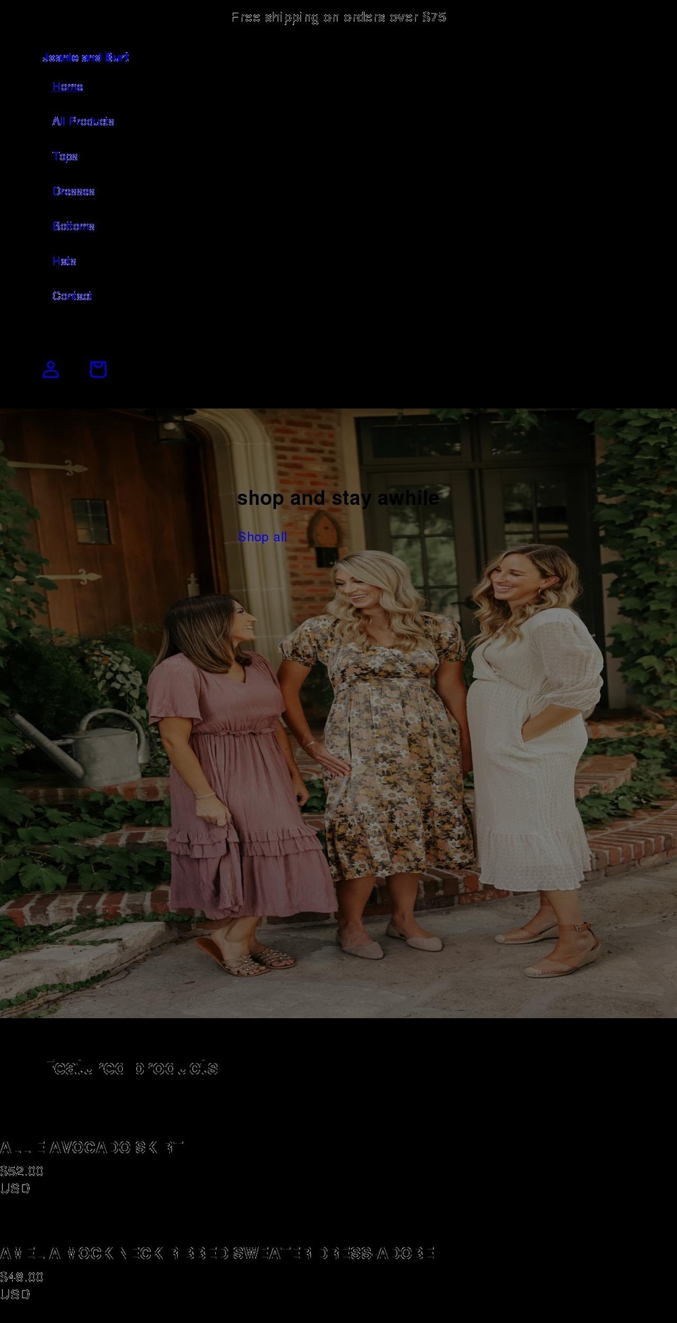 joanieandburt.com shopify website screenshot