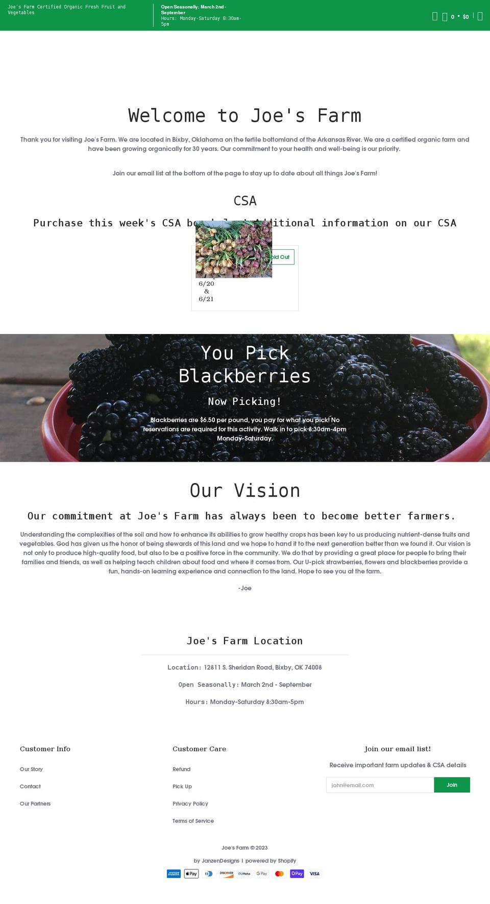 joesfarmok.com shopify website screenshot