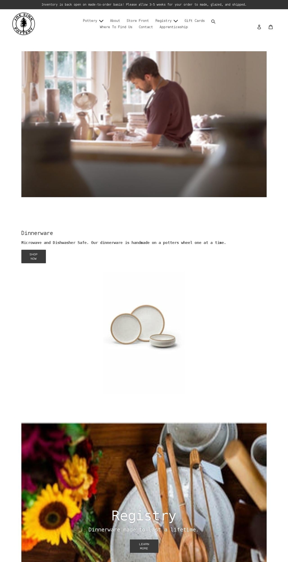 joesinkpottery.com shopify website screenshot