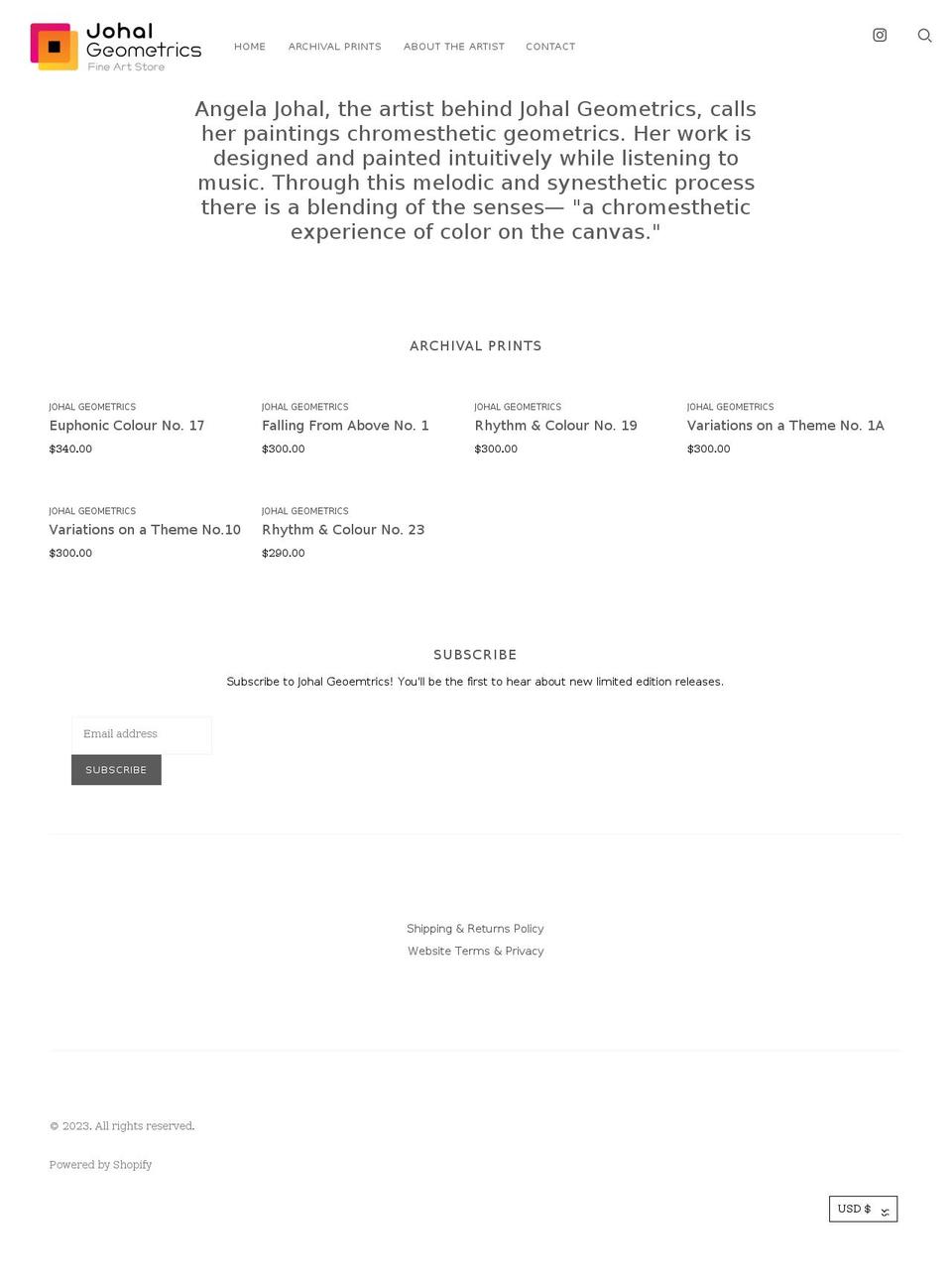johalgeometricsartstore.com shopify website screenshot