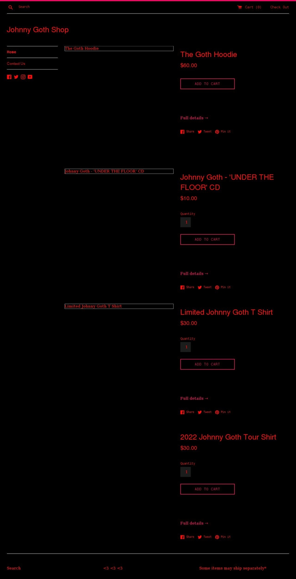 johnnygoth.com shopify website screenshot