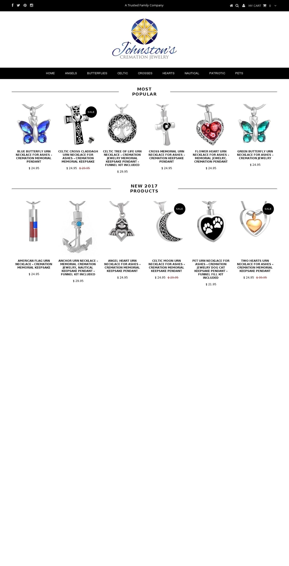 johnstonscremationjewelry.com shopify website screenshot