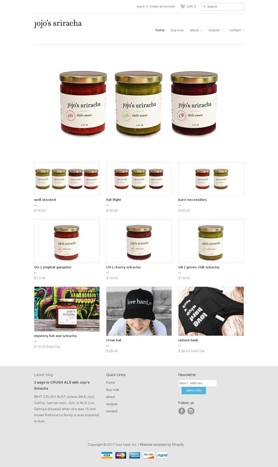 jojosriracha.com shopify website screenshot