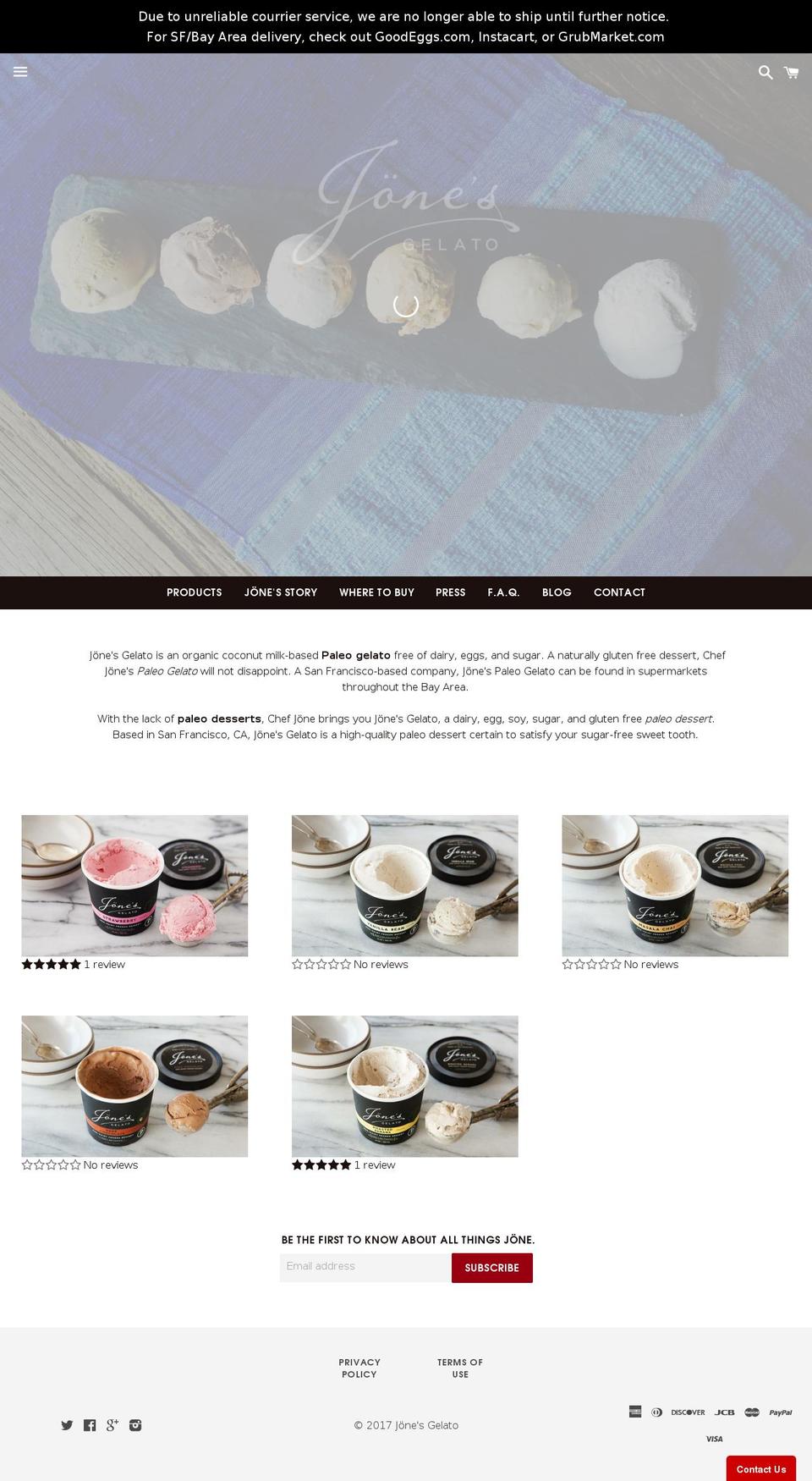 jonesgourmetgelato.com shopify website screenshot