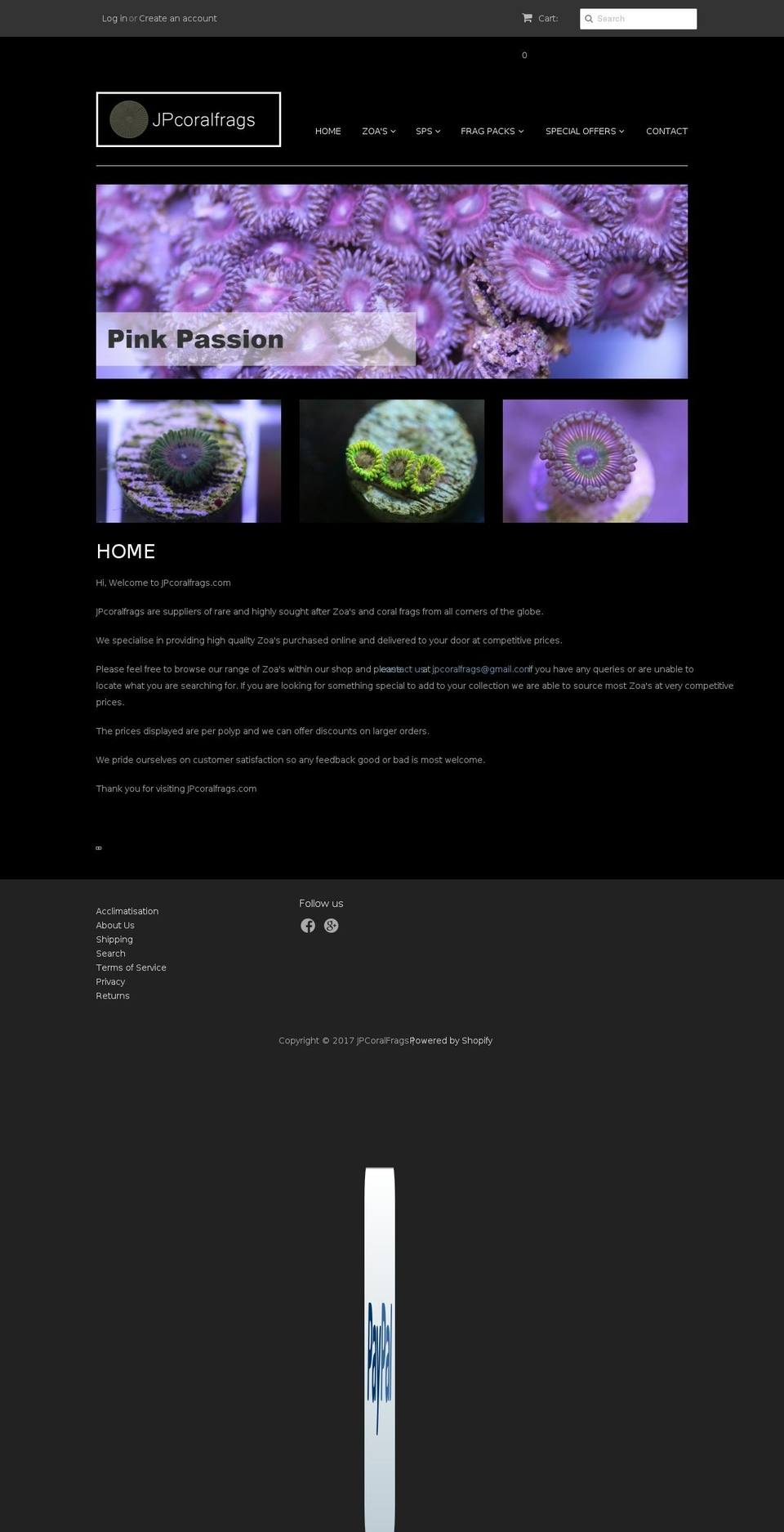 jpcoralfrags.com shopify website screenshot