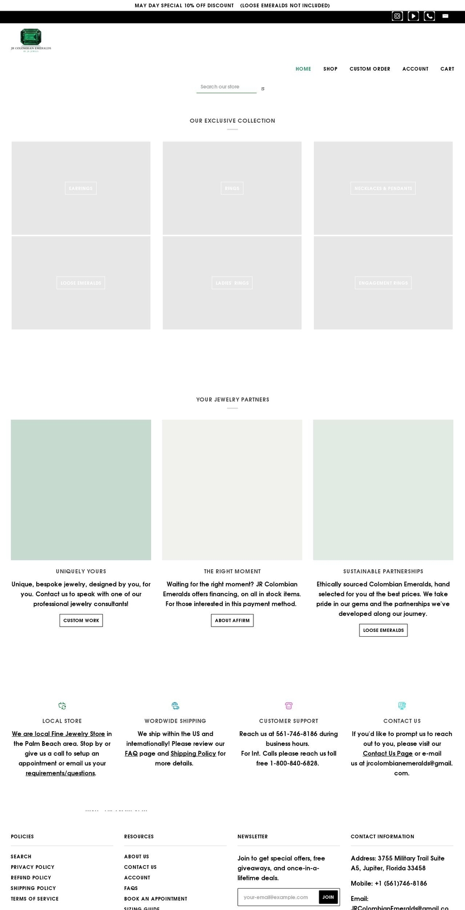 jrcolombianemeralds.com shopify website screenshot
