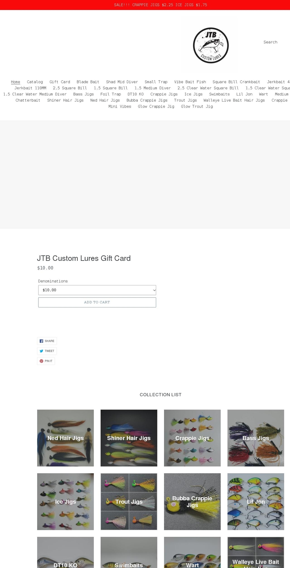 jtbcustomlures.com shopify website screenshot