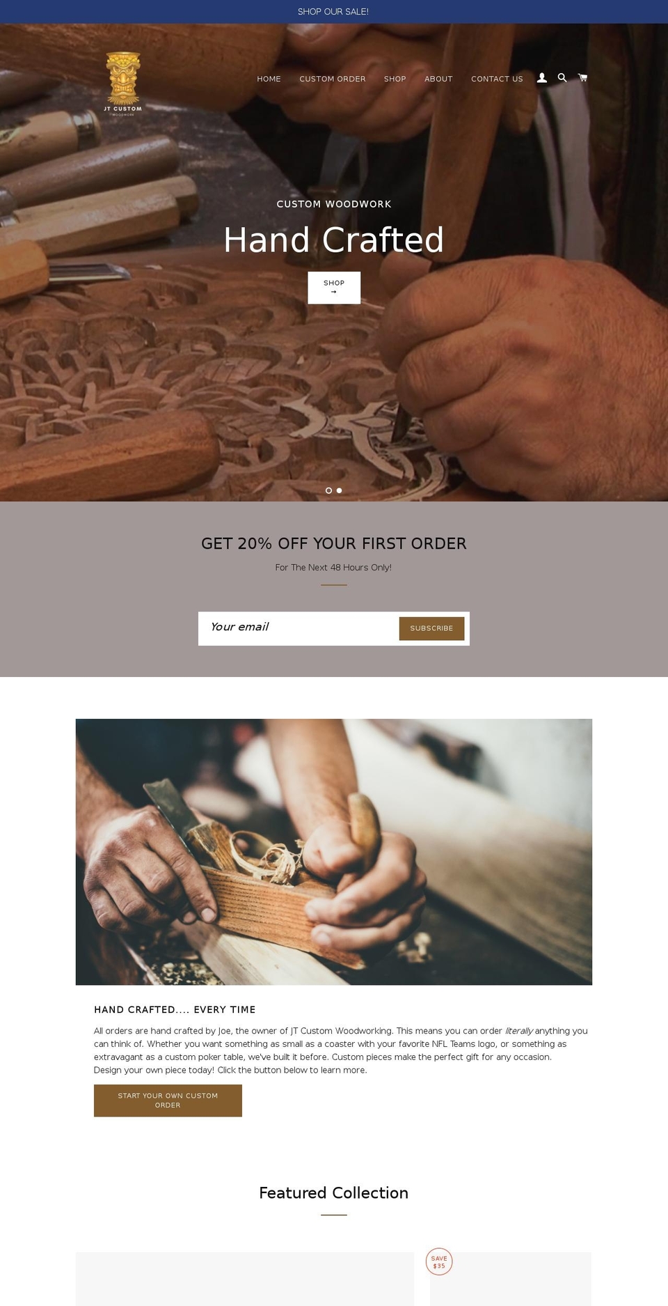 jtcustomwoodworking.net shopify website screenshot