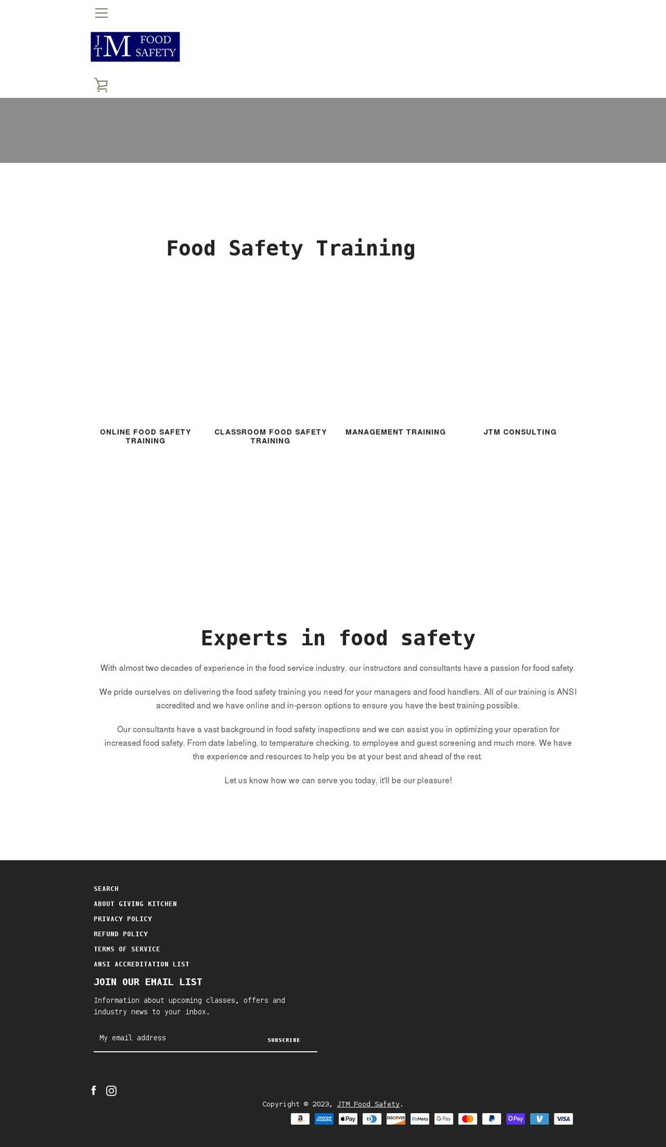 jtmfoodsafety.com shopify website screenshot