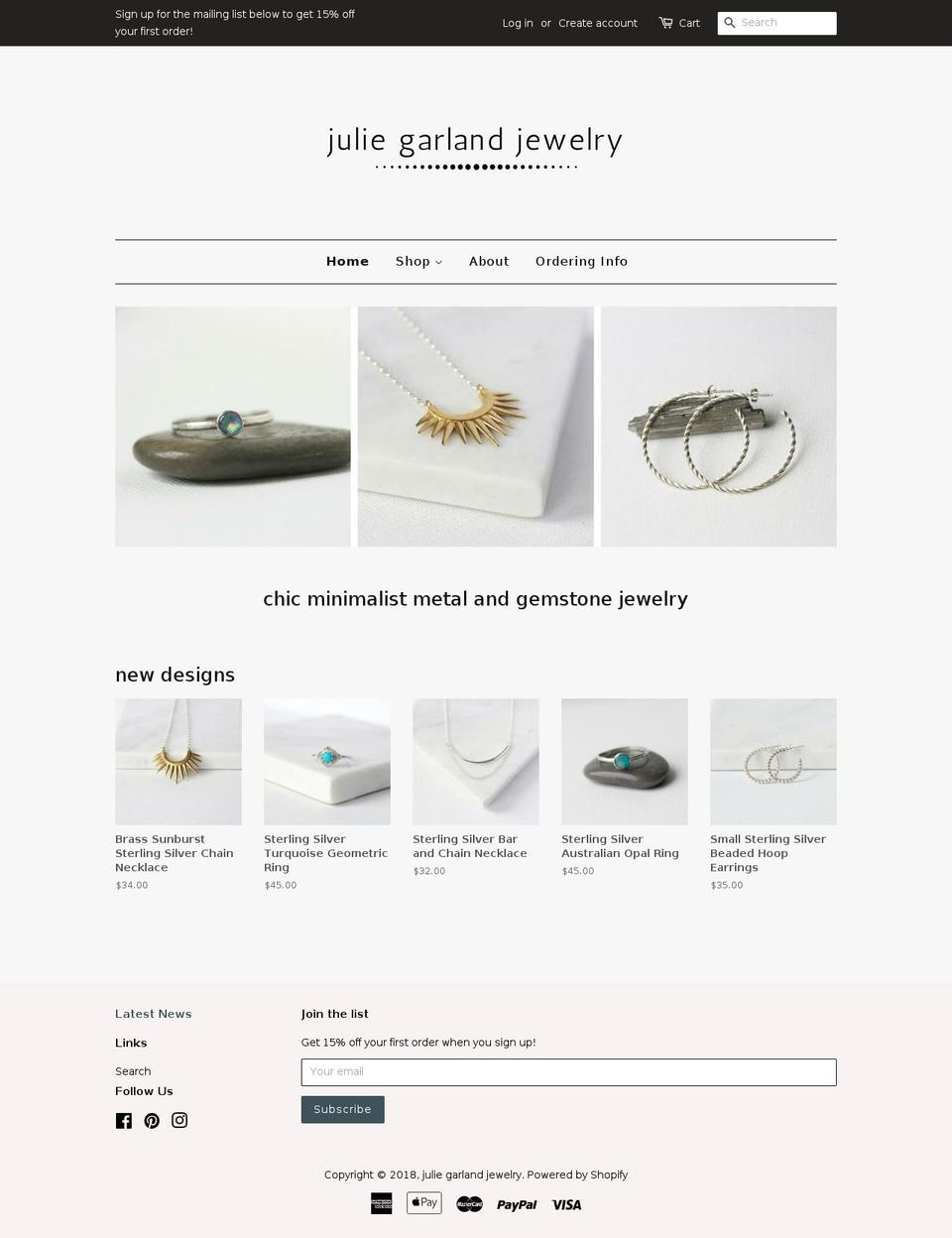 juliegarlandjewelry.com shopify website screenshot