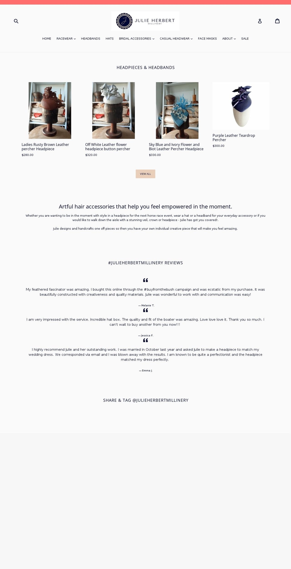 julieherbertmillinery.com.au shopify website screenshot