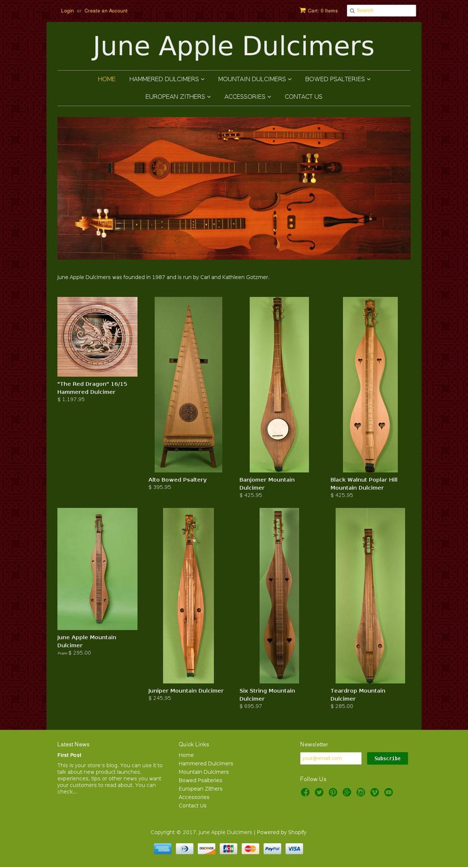 juneappledulcimers.com shopify website screenshot