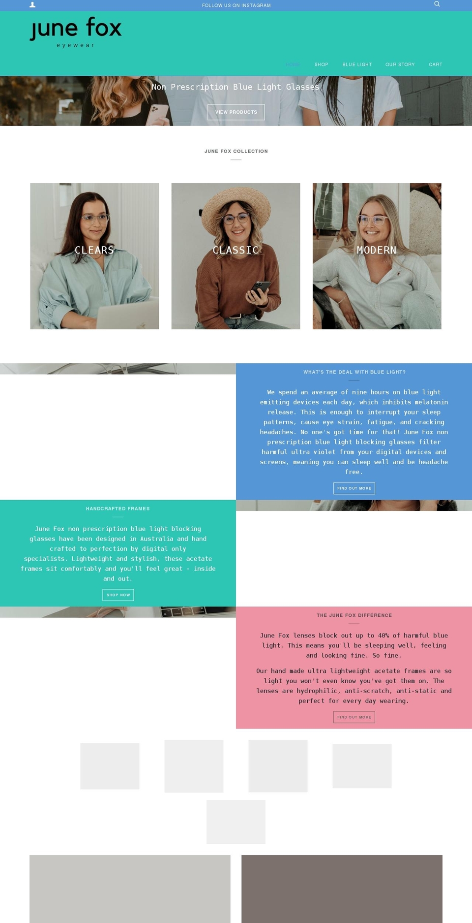 junefoxeyewear.com shopify website screenshot