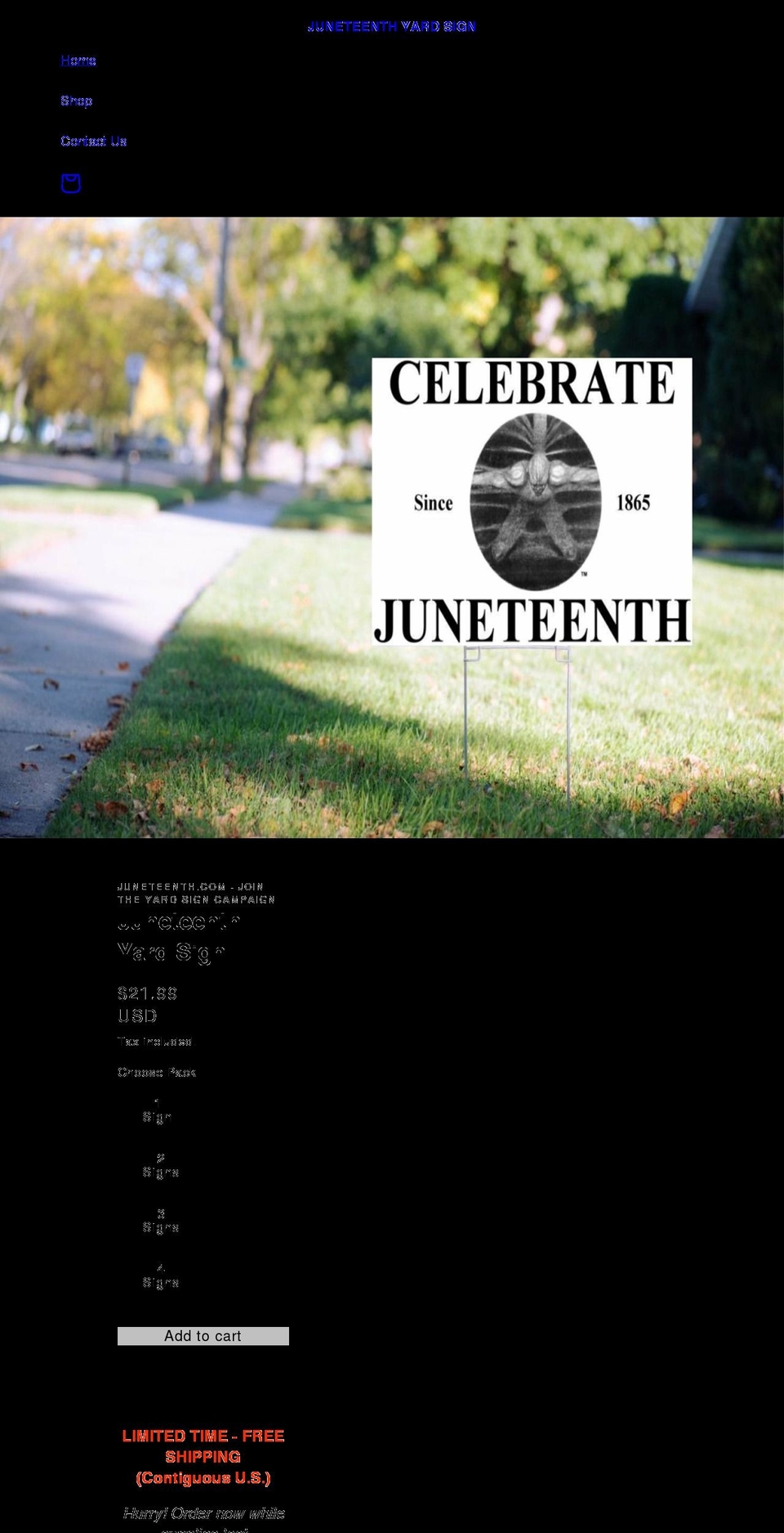 juneteenthyardsign.com shopify website screenshot