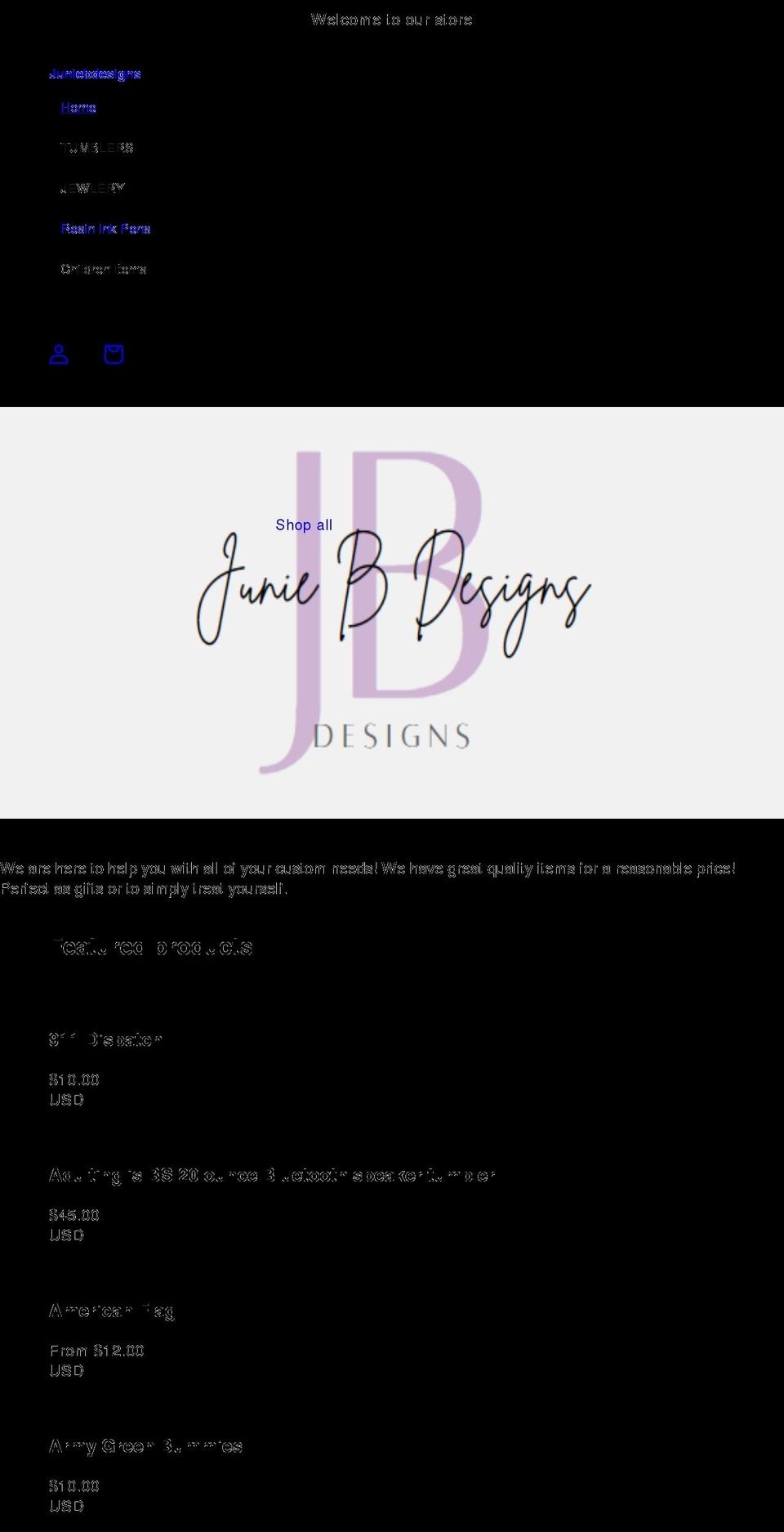 juniebdesigns.com shopify website screenshot