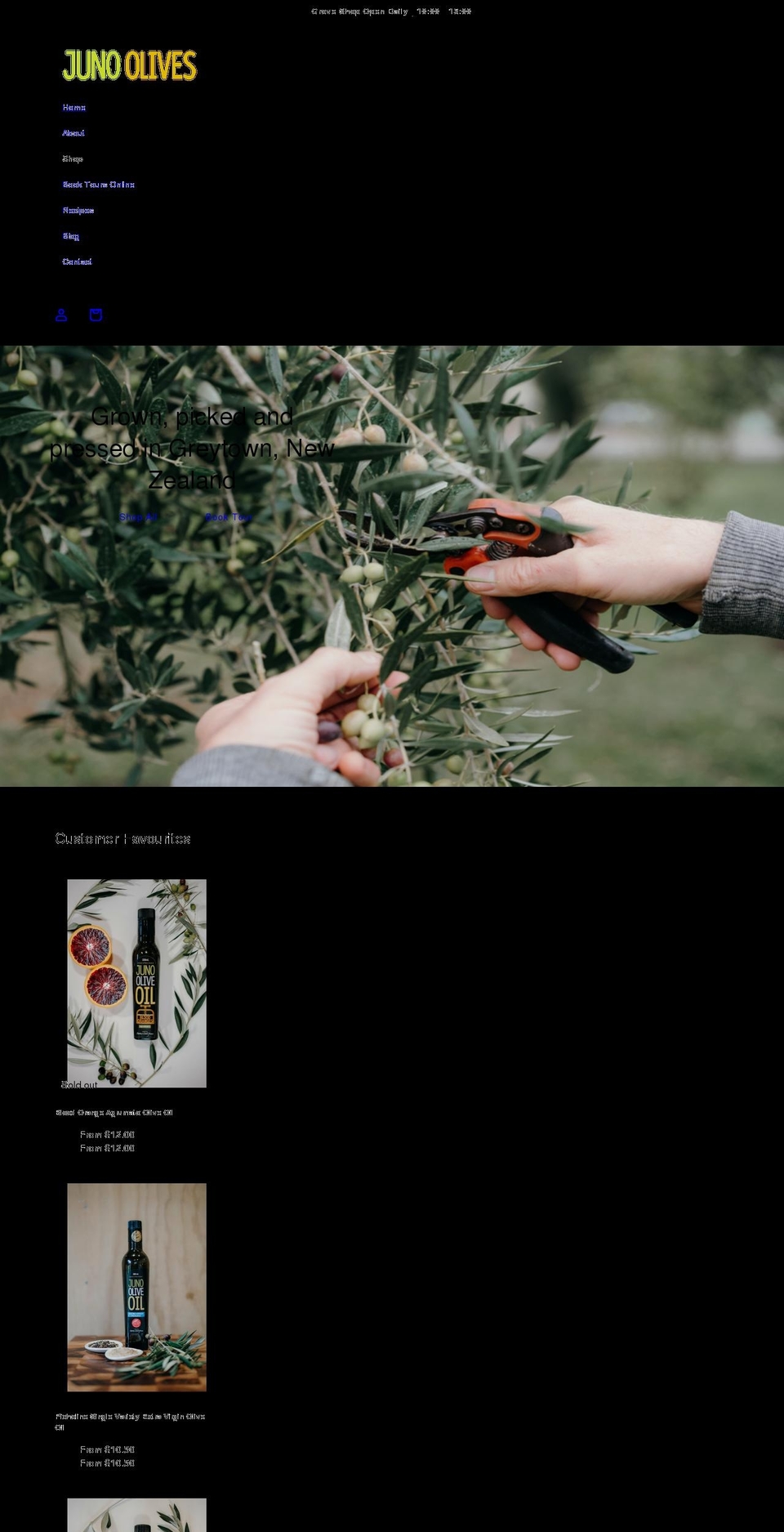 juno-olives.co.nz shopify website screenshot