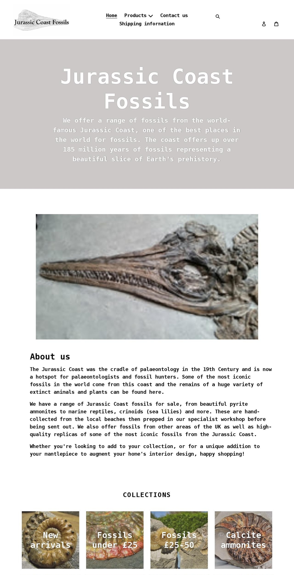 jurassiccoastfossils.com shopify website screenshot
