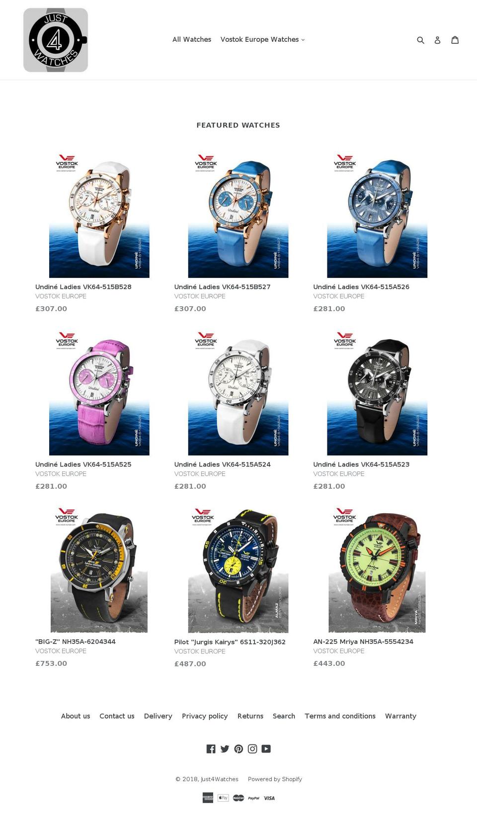 just4watches.co.uk shopify website screenshot