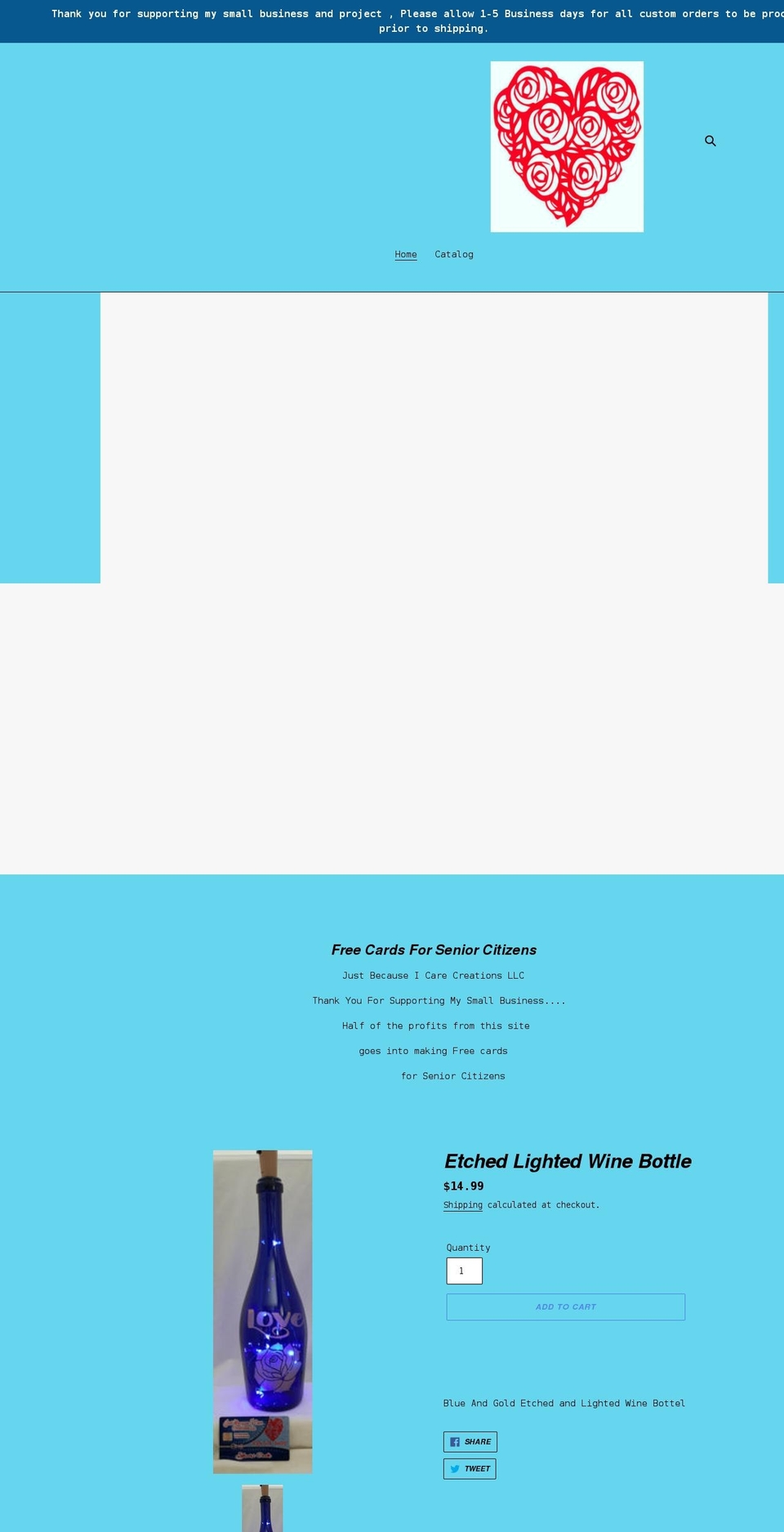 justbecauseicarecreations.com shopify website screenshot